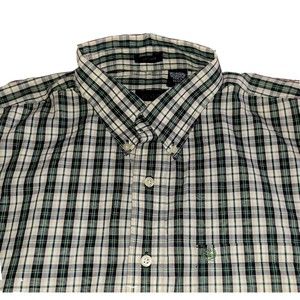 IZOD Men's Large Shirt Plaid Blue Green White Button Down Long Sleeve Easy Care